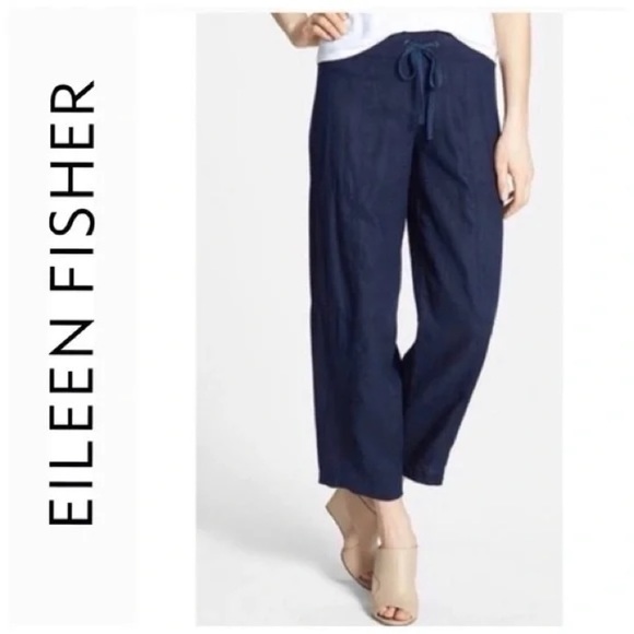 Eileen Fisher Pants - Eileen Fisher Wide Leg Pants Organic Linen Drawstring Navy Size Petite Medium